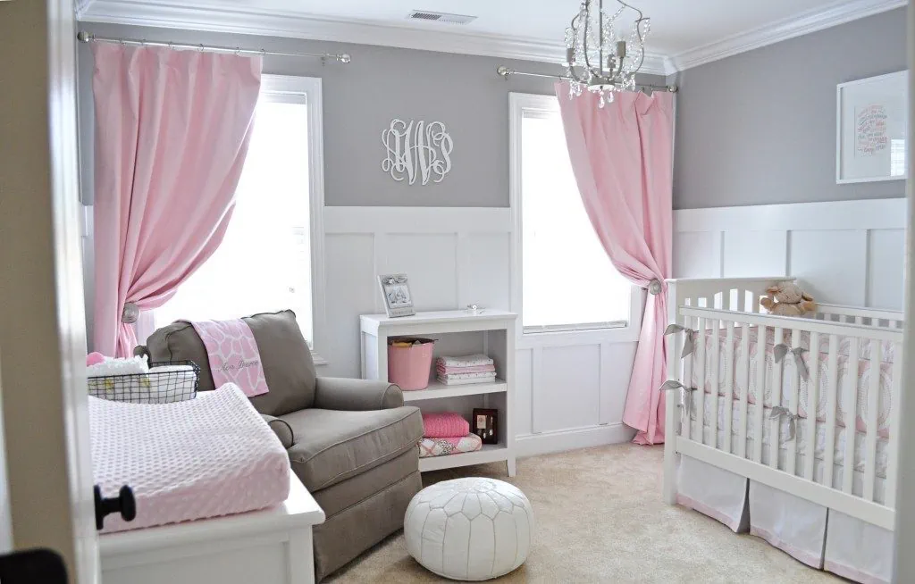 Grey and pink baby nursery photo